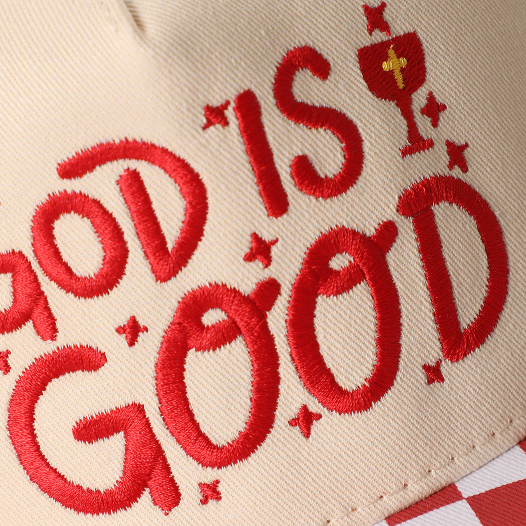 God Is Good checkered brim trucker hat in red, side view