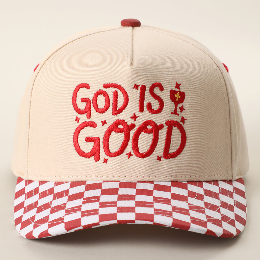 God Is Good checkered brim trucker hat in red