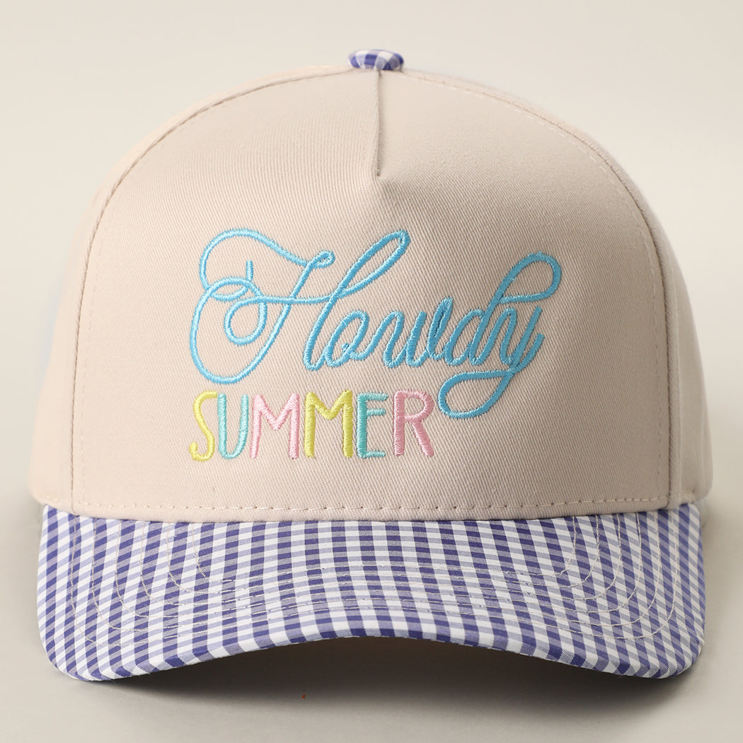 Howdy Summer gingham brim trucker hat in cobalt blue