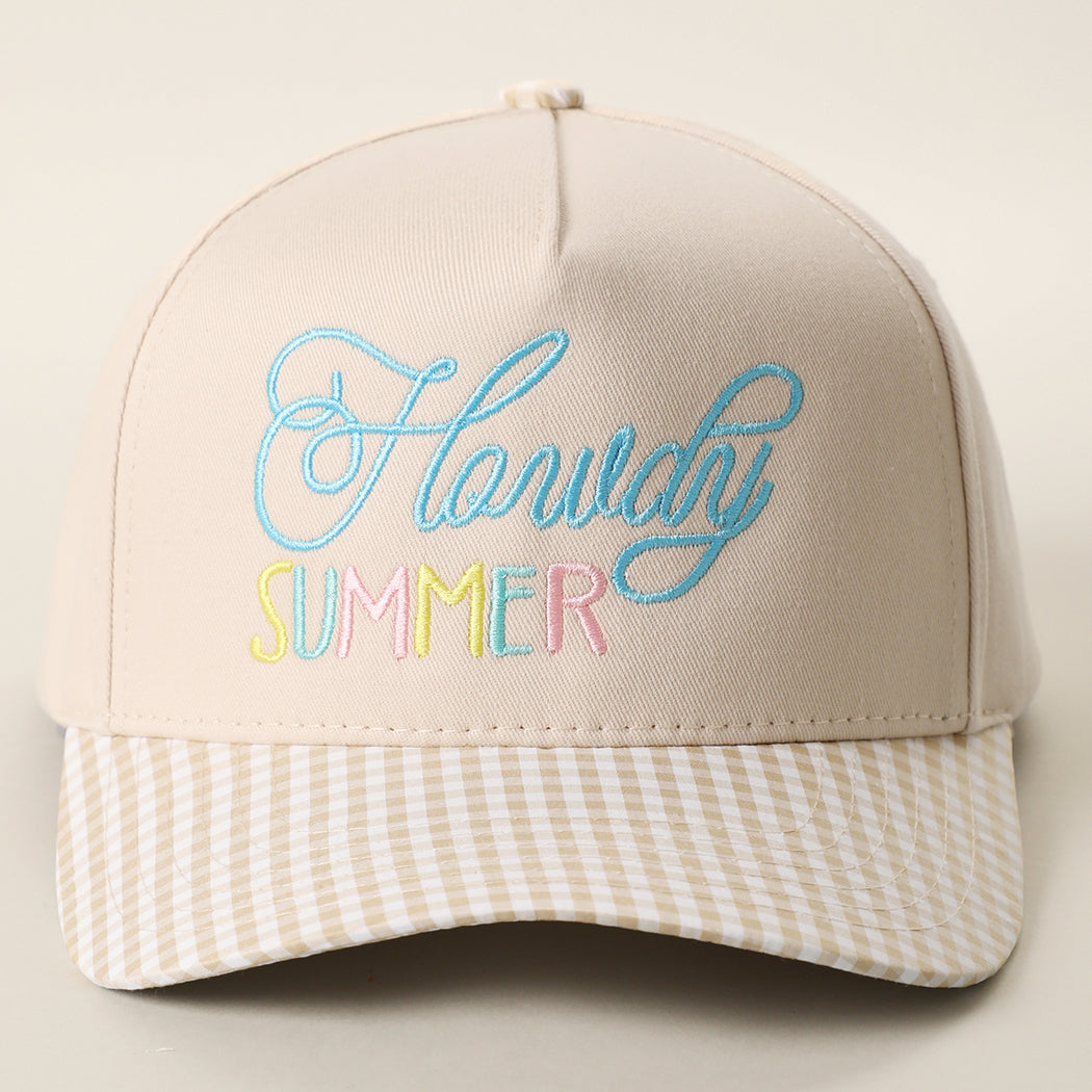 Howdy Summer gingham brim trucker hat in khaki