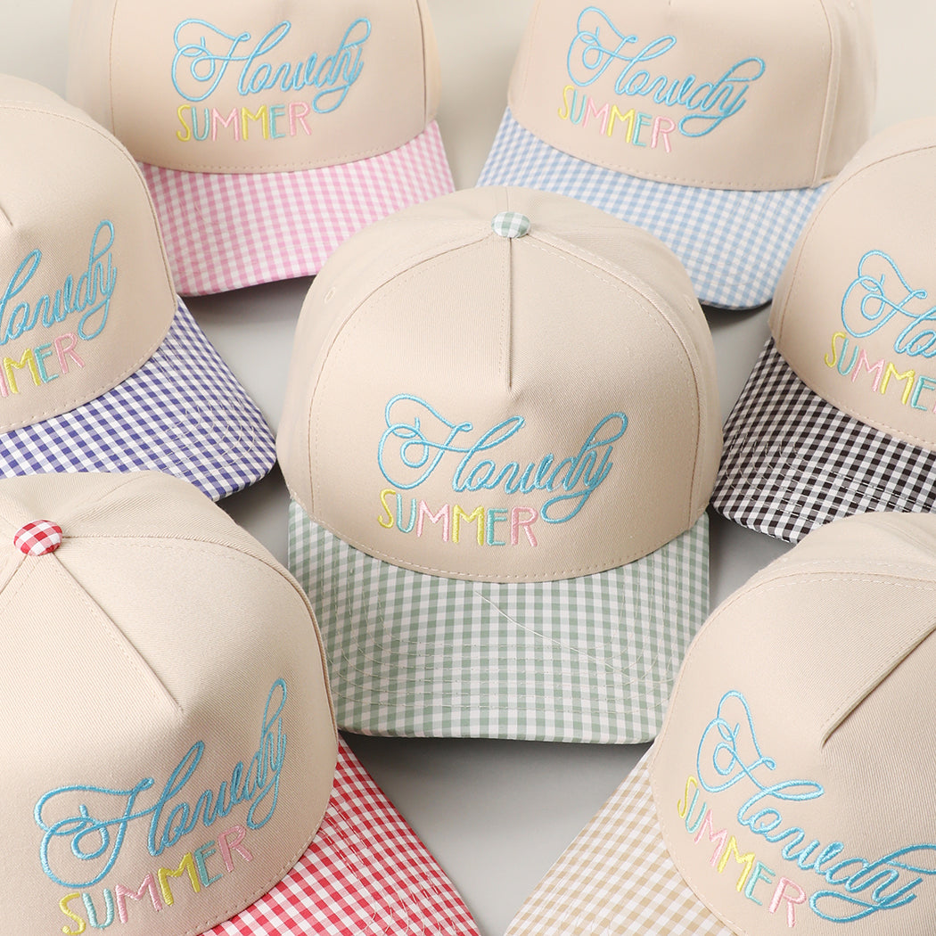 Howdy Summer embroidered gingham brim trucker hat, front view