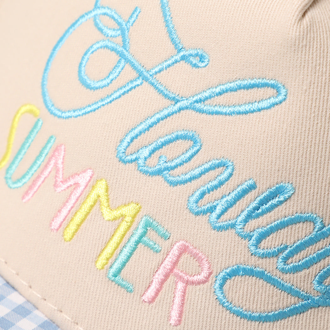 Howdy Summer gingham brim trucker hat in sky blue, side view
