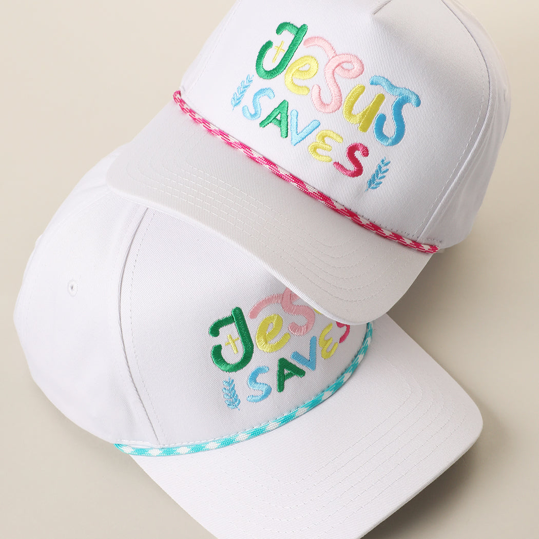 Jesus Saves rope trucker hat shown in all color options