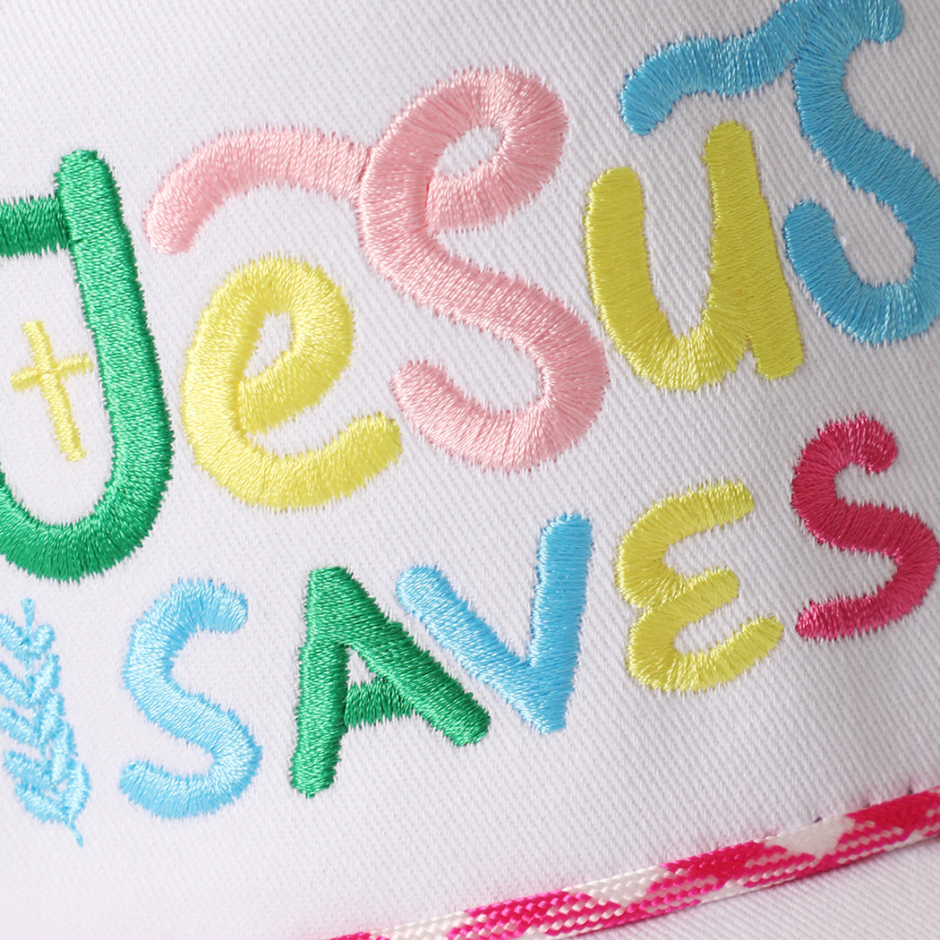 Jesus Saves rope trucker hat in hot pink, side view