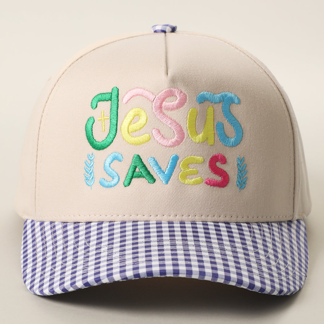 Jesus Saves gingham brim trucker hat in cobalt blue