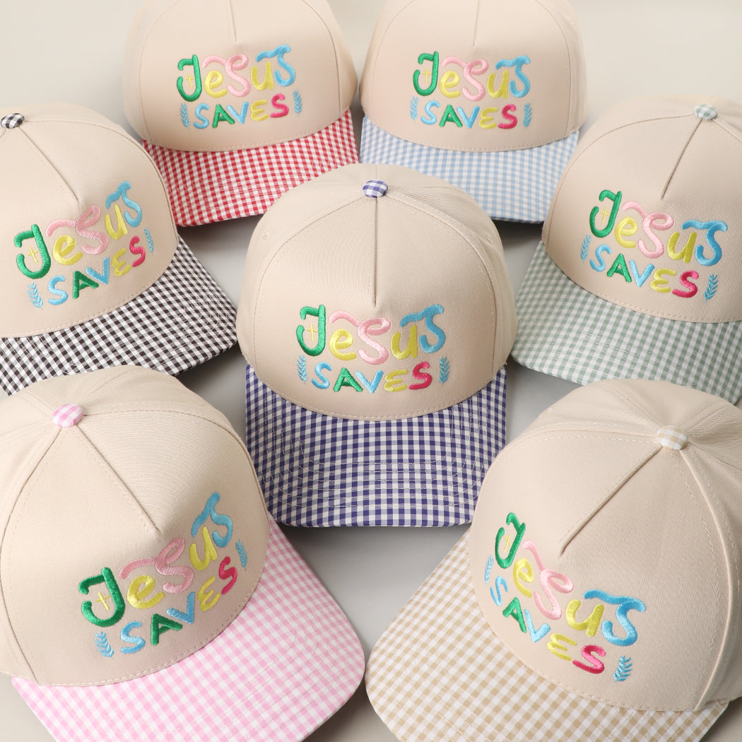 Jesus Saves gingham brim trucker hat, front view alternate angle