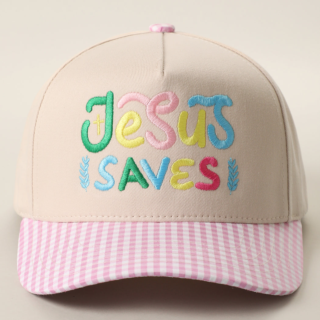 Jesus Saves gingham brim trucker hat in pink