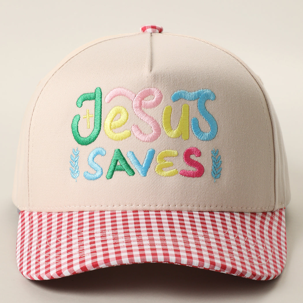 Jesus Saves gingham brim trucker hat in red