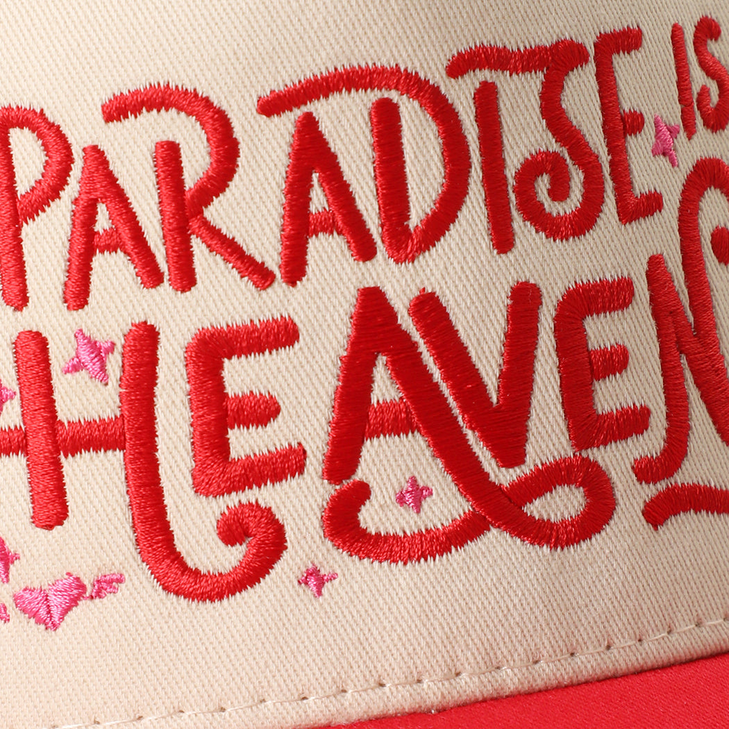 Paradise Is Heaven two-tone trucker hat in red, side view