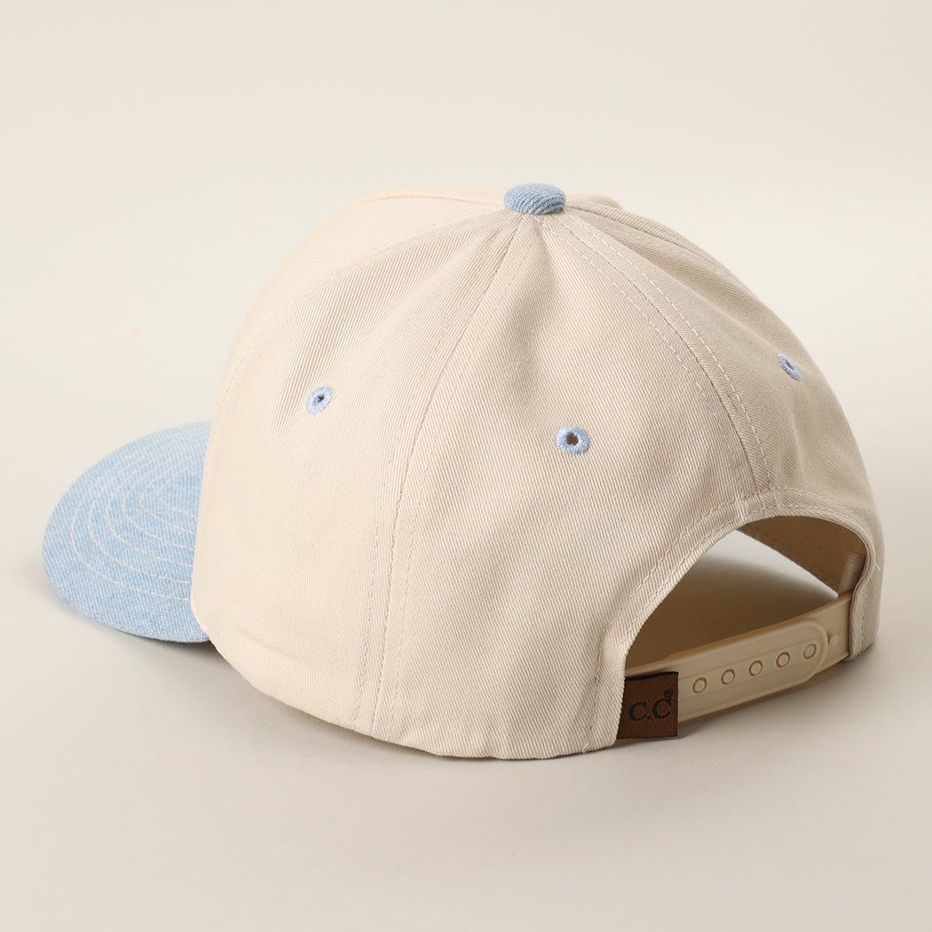 Summer Vibes two-tone trucker hat in light denim, back view
