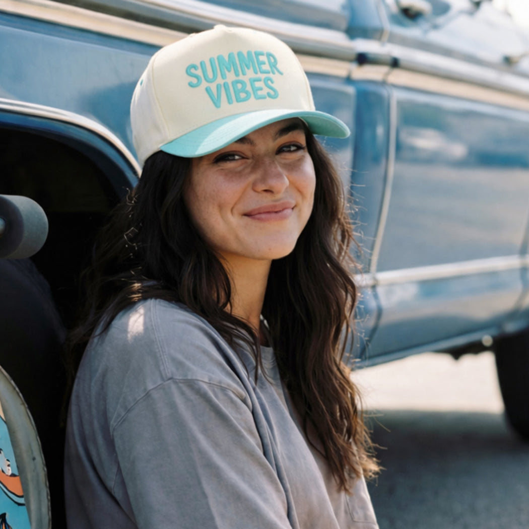 Summer Vibes embroidered two-tone trucker hat, front view