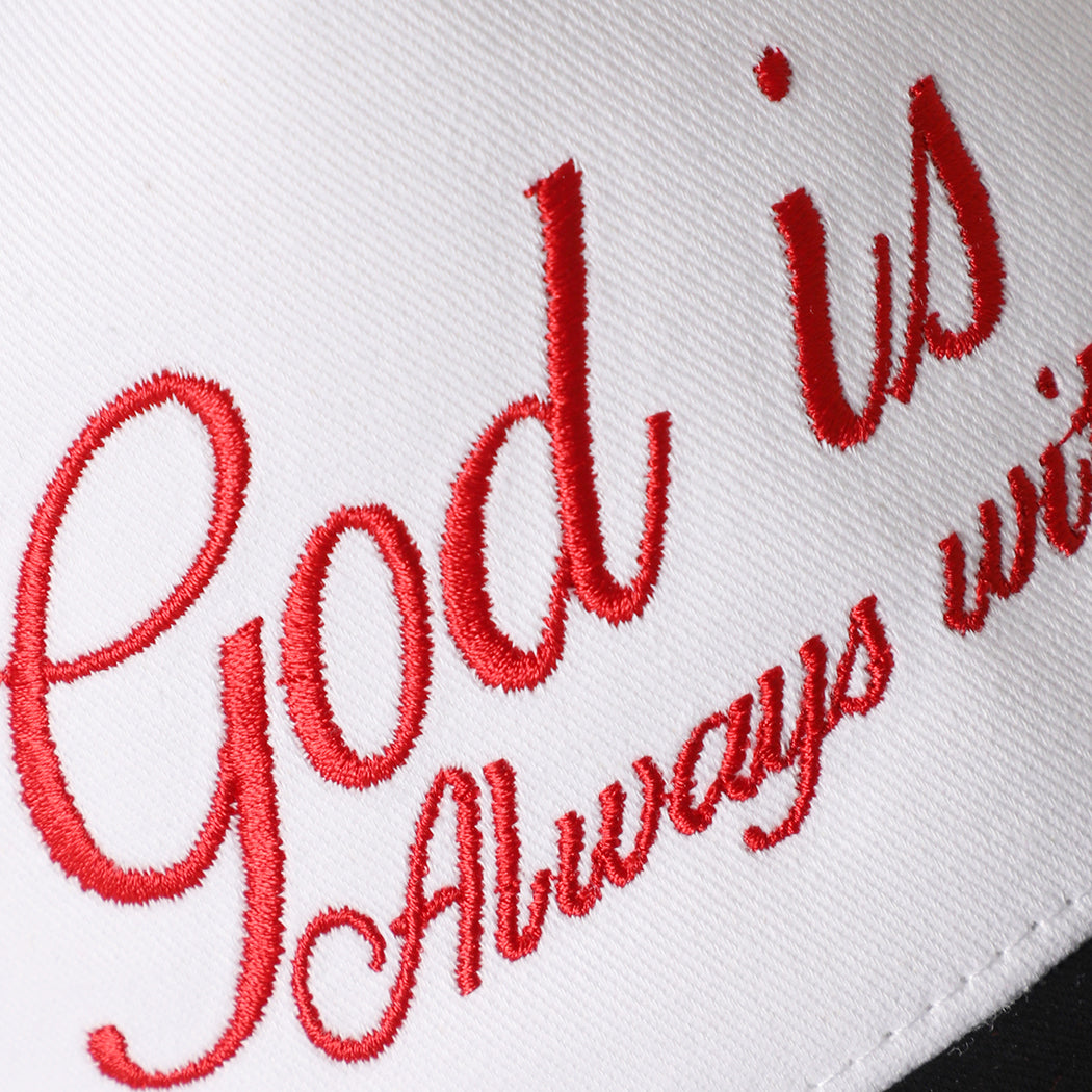 God Is Always With Me two-tone trucker hat in black, side view