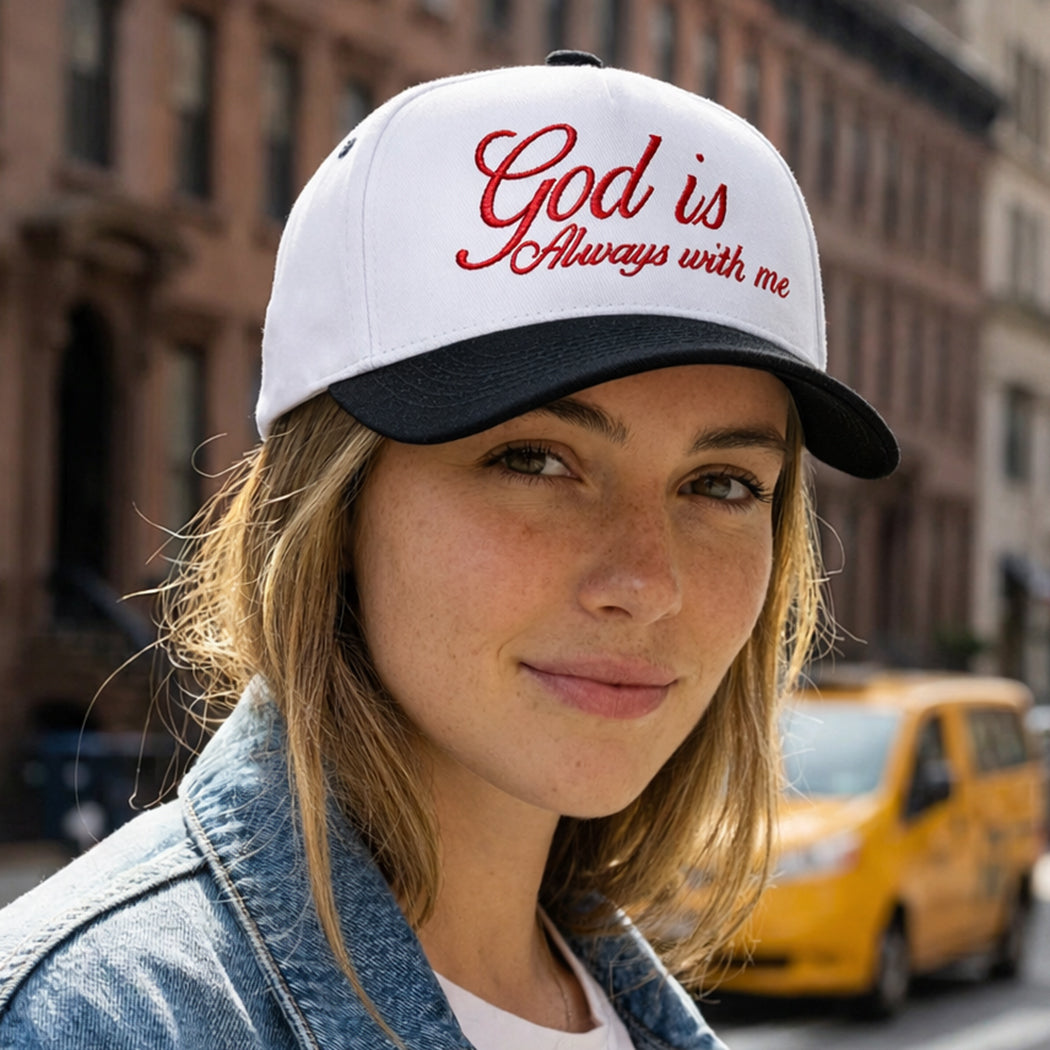 God Is Always With Me two-tone trucker hat, styled front view