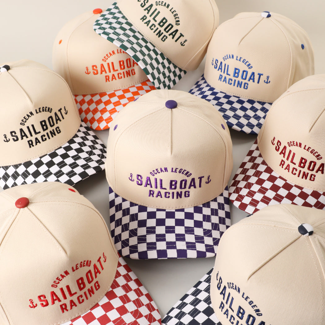 Ocean Legend Sailboat Racing checkered brim trucker hat, all color options