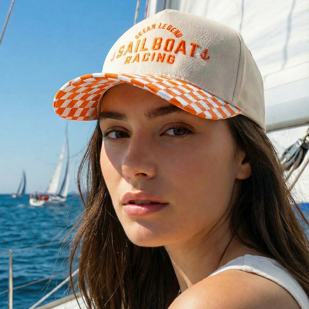 Ocean Legend Sailboat Racing embroidered checkered brim trucker hat, front view
