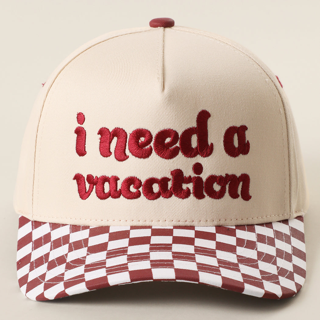 I Need A Vacation checkered brim trucker hat in burgundy