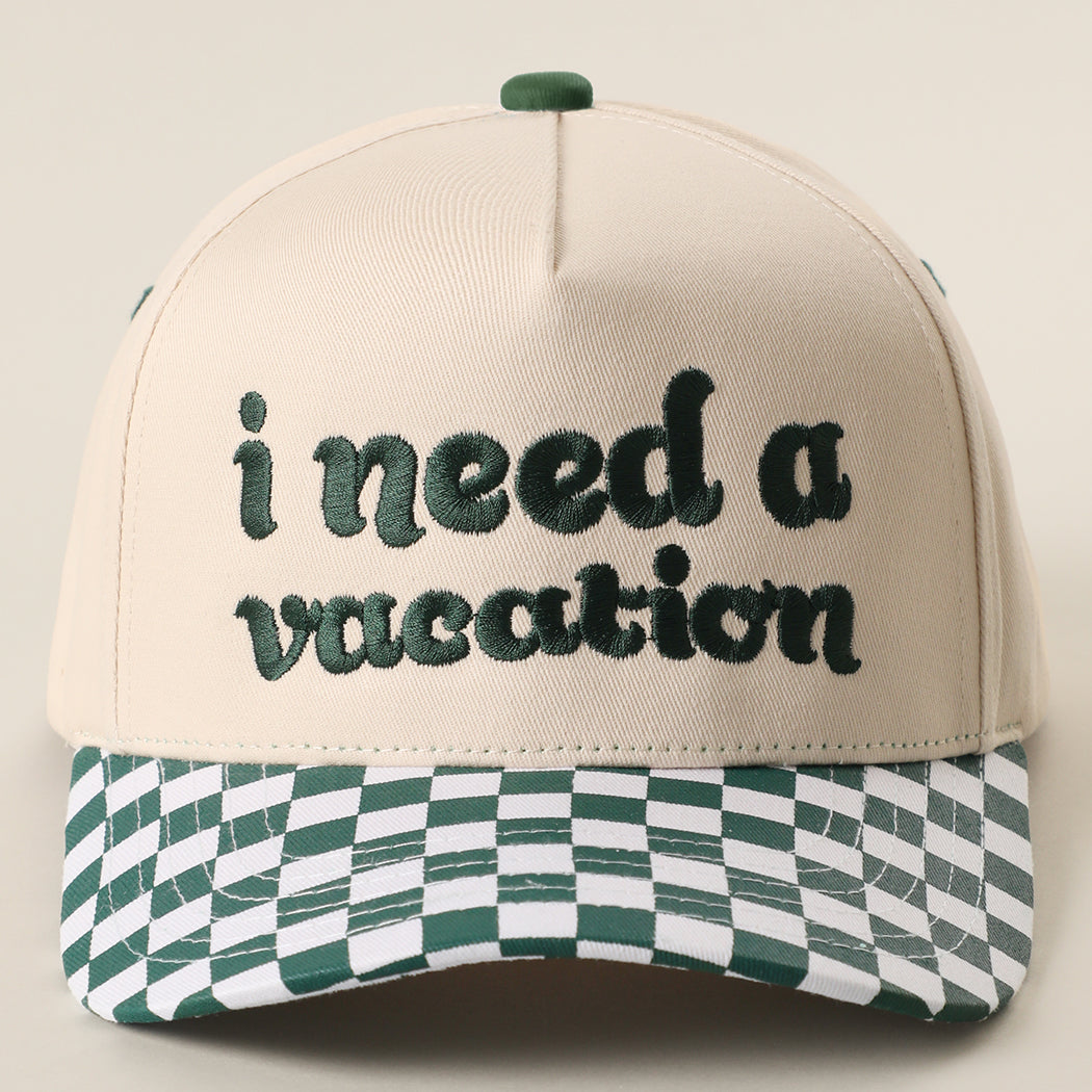 I Need A Vacation checkered brim trucker hat in dark green