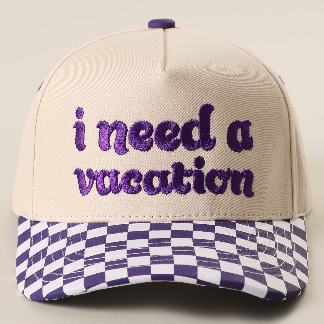 I Need A Vacation checkered brim trucker hat in purple