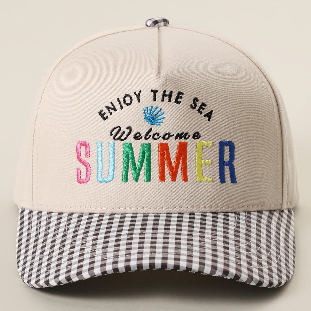 Welcome Summer gingham trucker hat in black