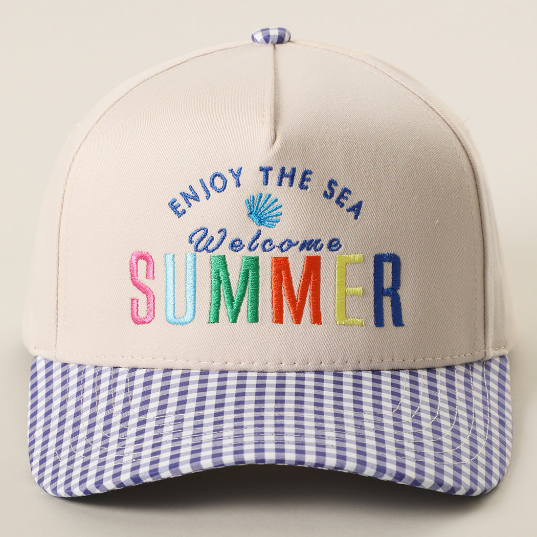 Welcome Summer gingham trucker hat in cobalt blue