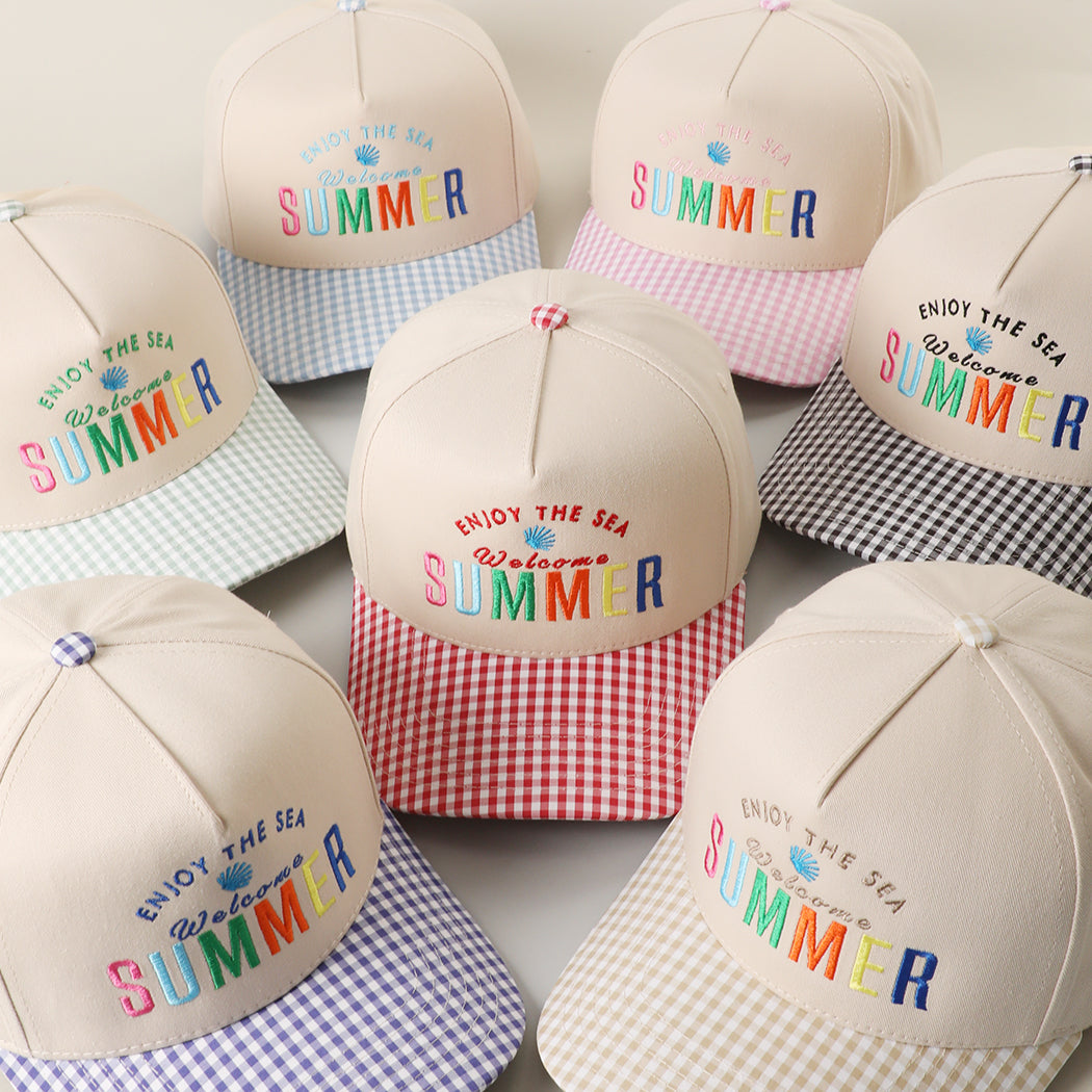 Welcome Summer embroidered gingham trucker hat, all color options