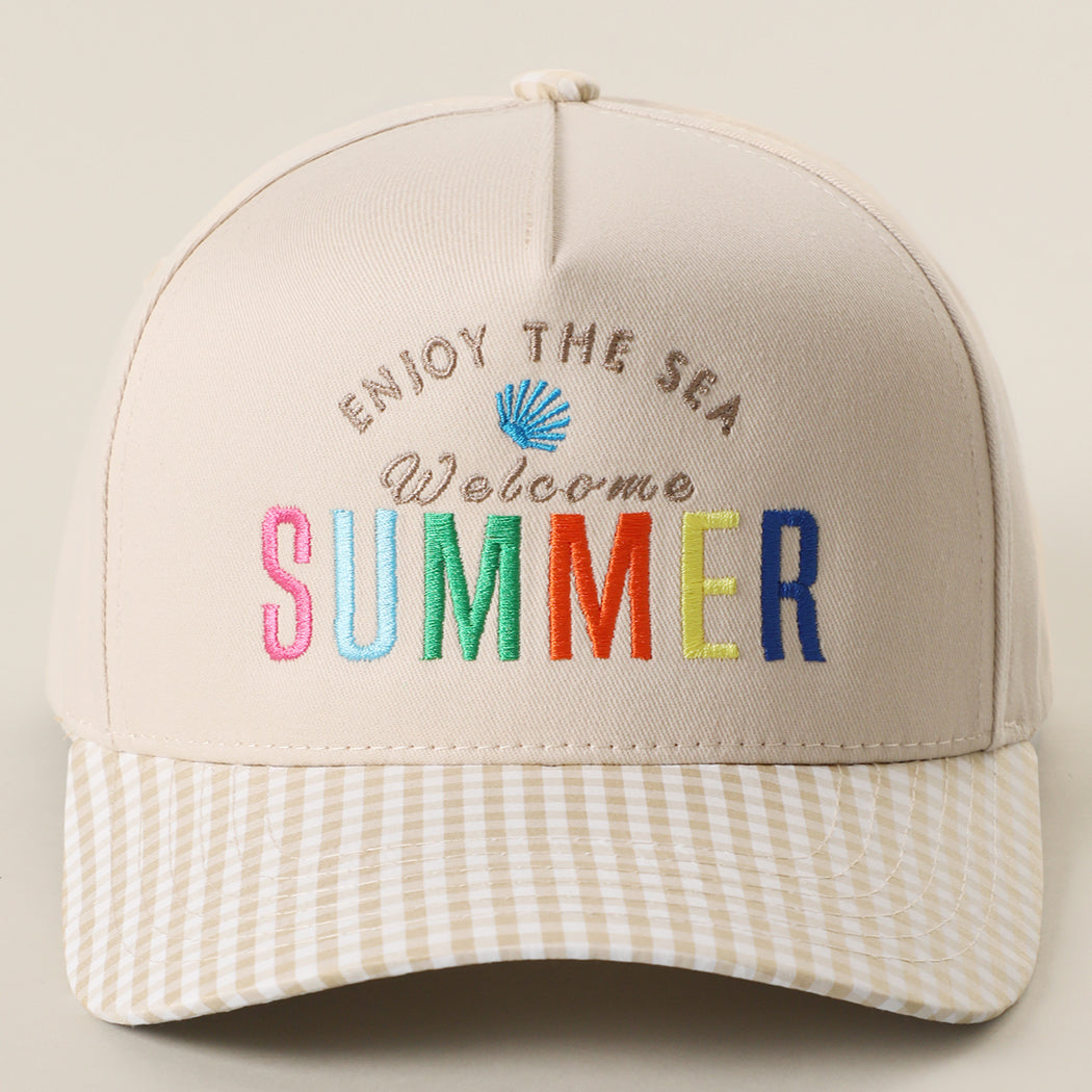 Welcome Summer gingham trucker hat in khaki