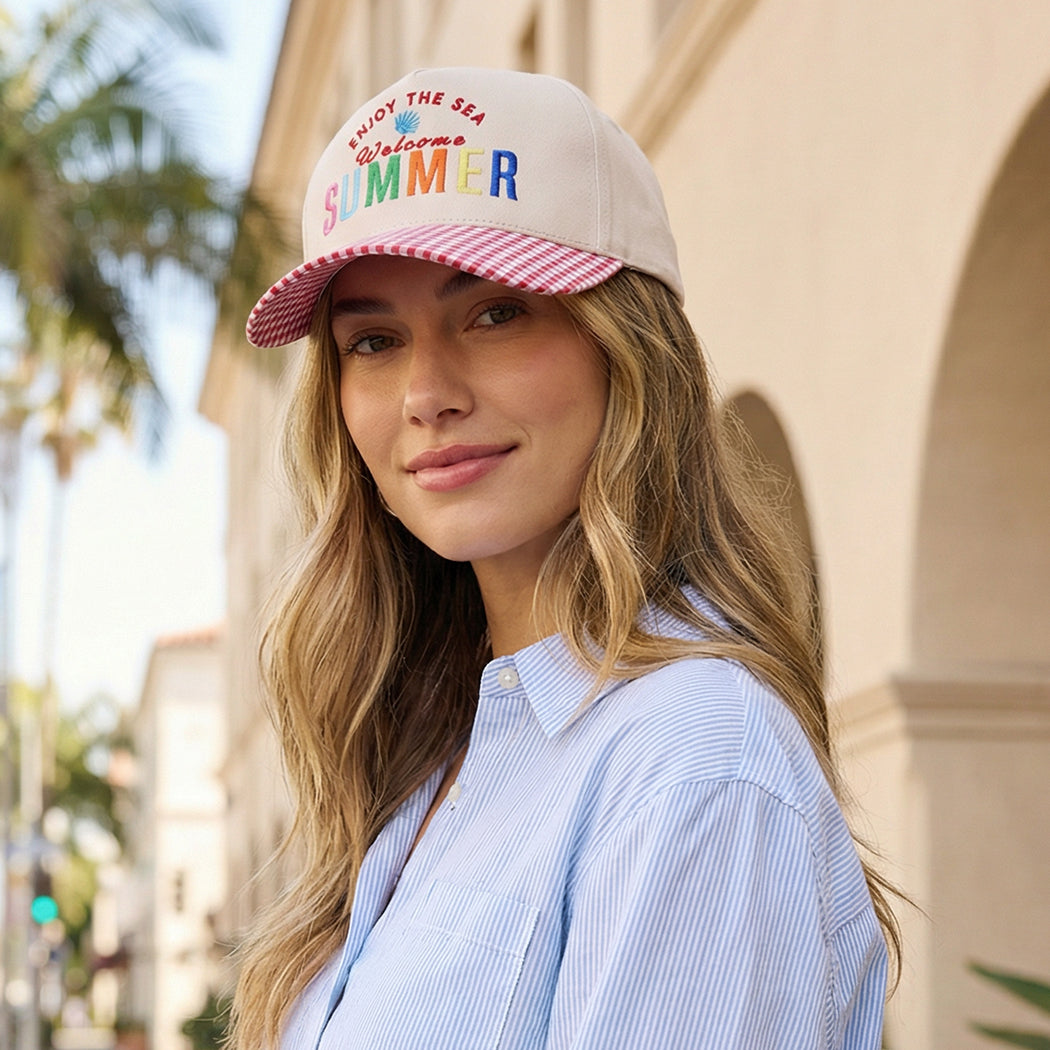Welcome Summer embroidered gingham trucker hat, front view