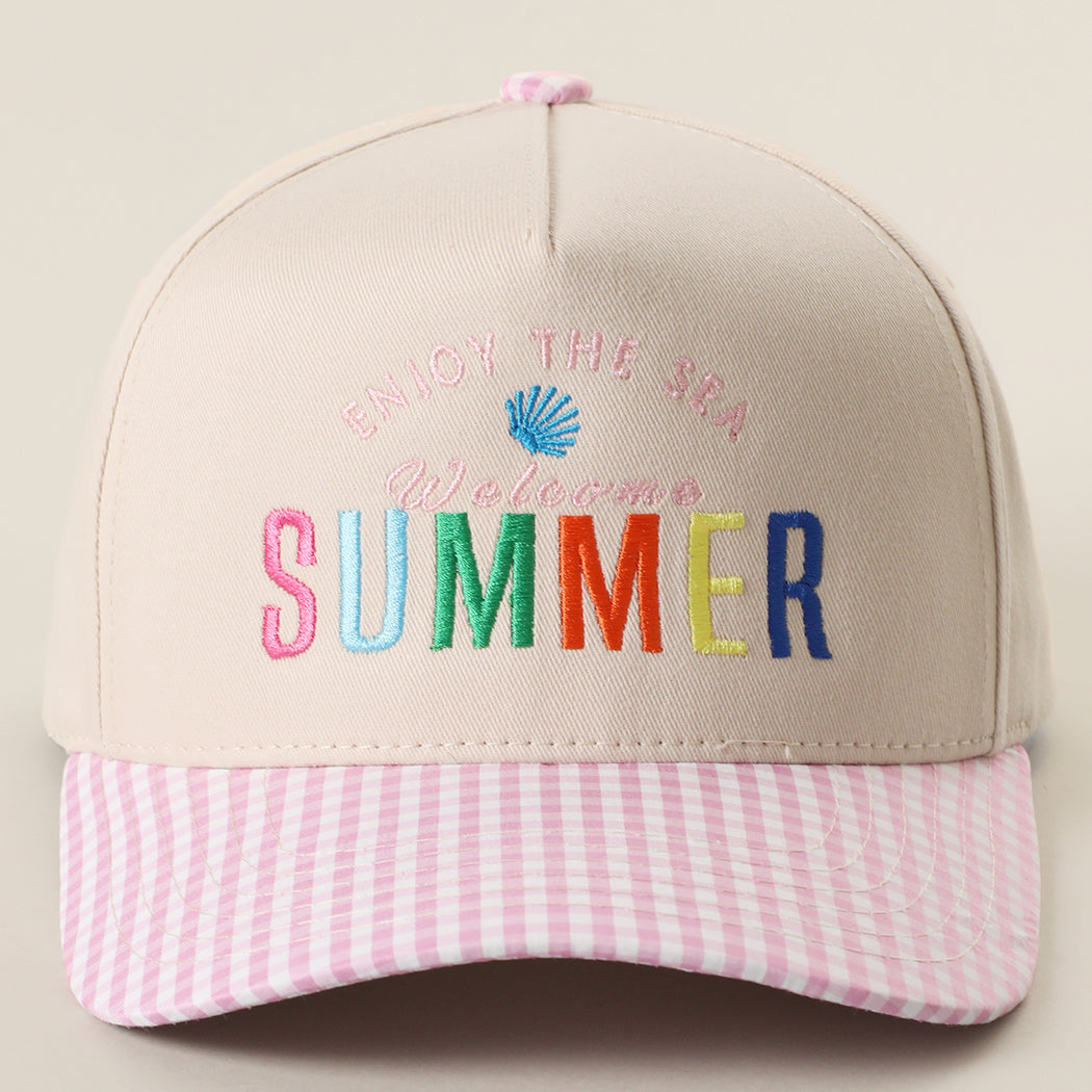 Welcome Summer gingham trucker hat in pink