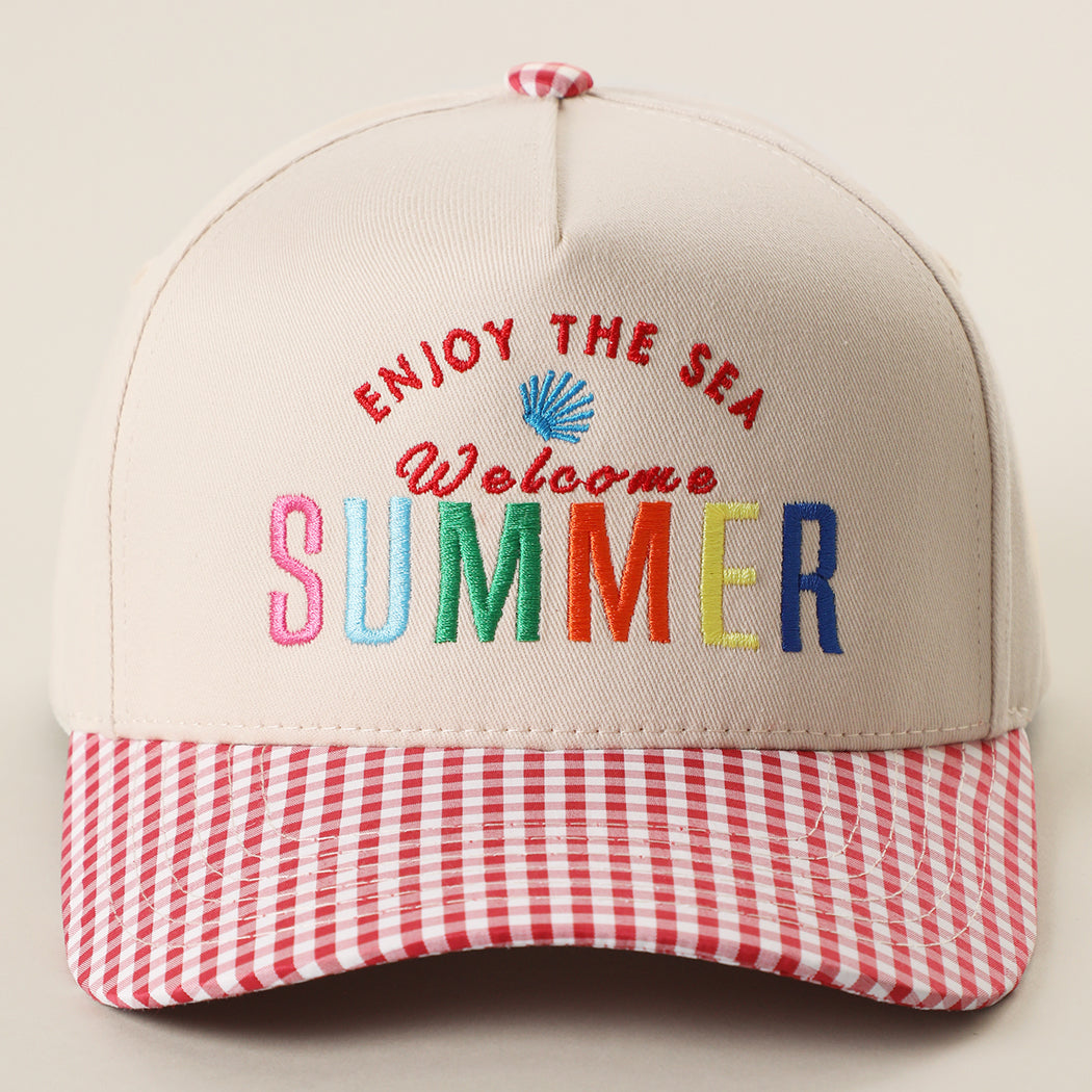 Welcome Summer gingham trucker hat in red