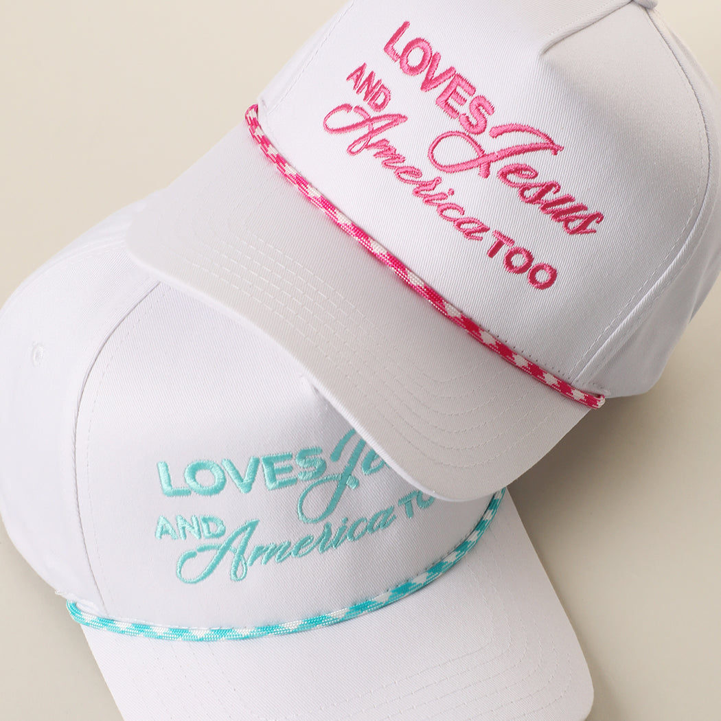 Loves Jesus And America Too rope trucker hat shown in all color options