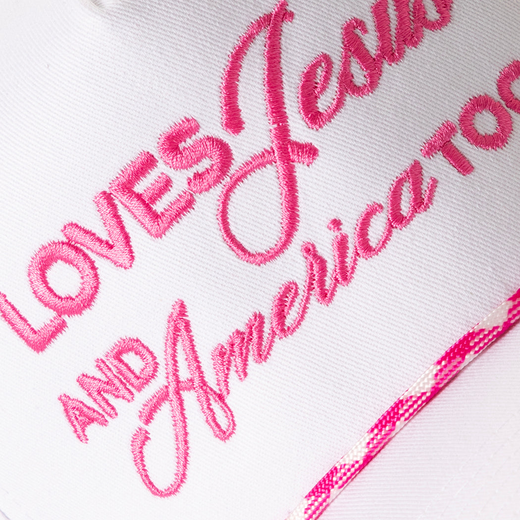 Loves Jesus And America Too rope trucker hat in hot pink, side view