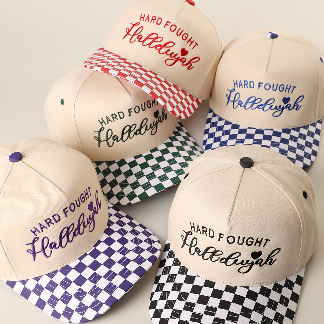 Hard Fought Hallelujah checkered brim trucker hat shown in all color options