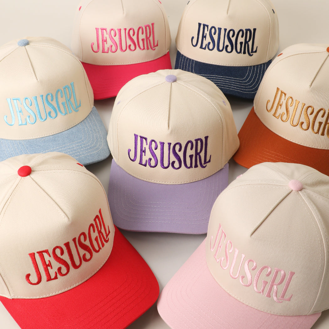 JesusGrl two-tone trucker hat shown in all color options