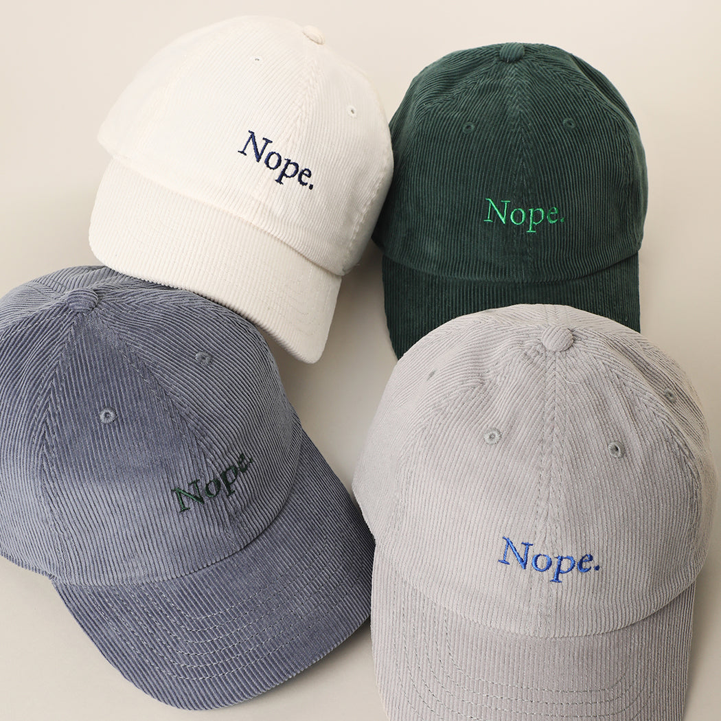Nope embroidered corduroy baseball cap, side view