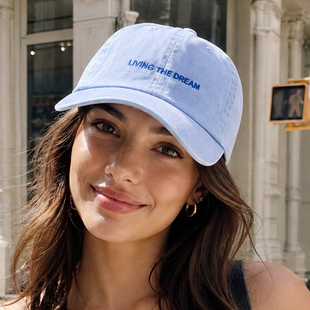 Living the Dream embroidered baseball cap, front view