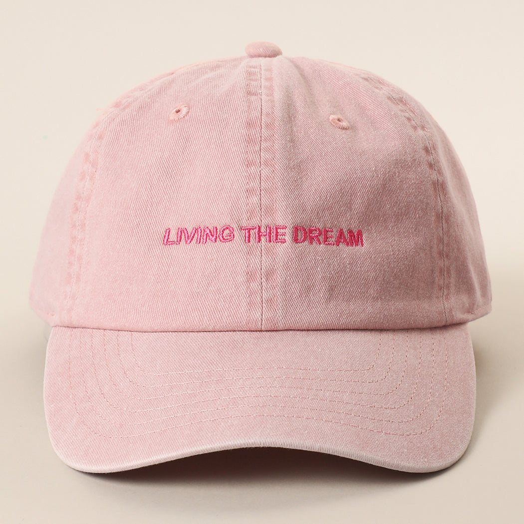 Living the Dream embroidered baseball cap in smoke pink