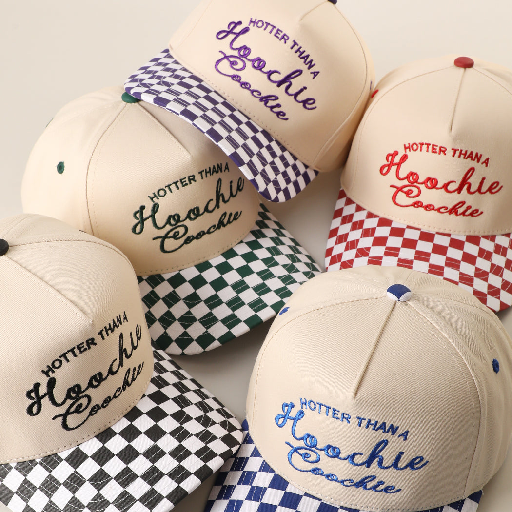 Hotter Than a Hoochie Coochie checkered brim trucker hat shown in all color options