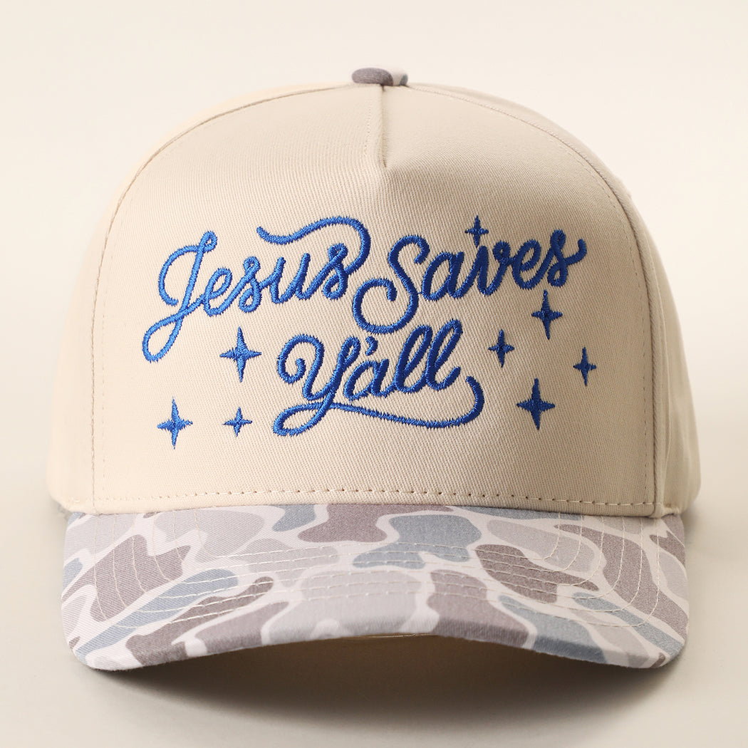 Jesus Saves Y'all trucker hat with blue camo brim