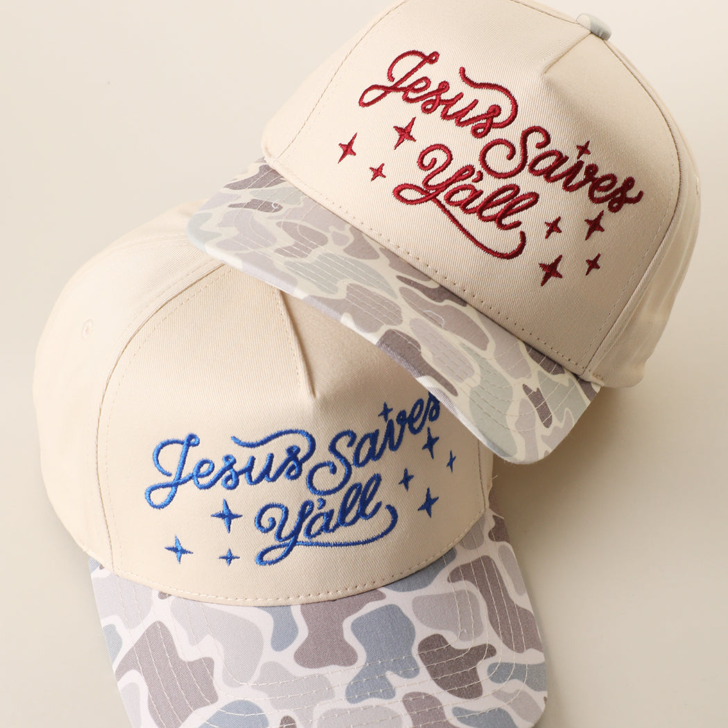 Jesus Saves Y'all camo brim trucker hat shown in all color options