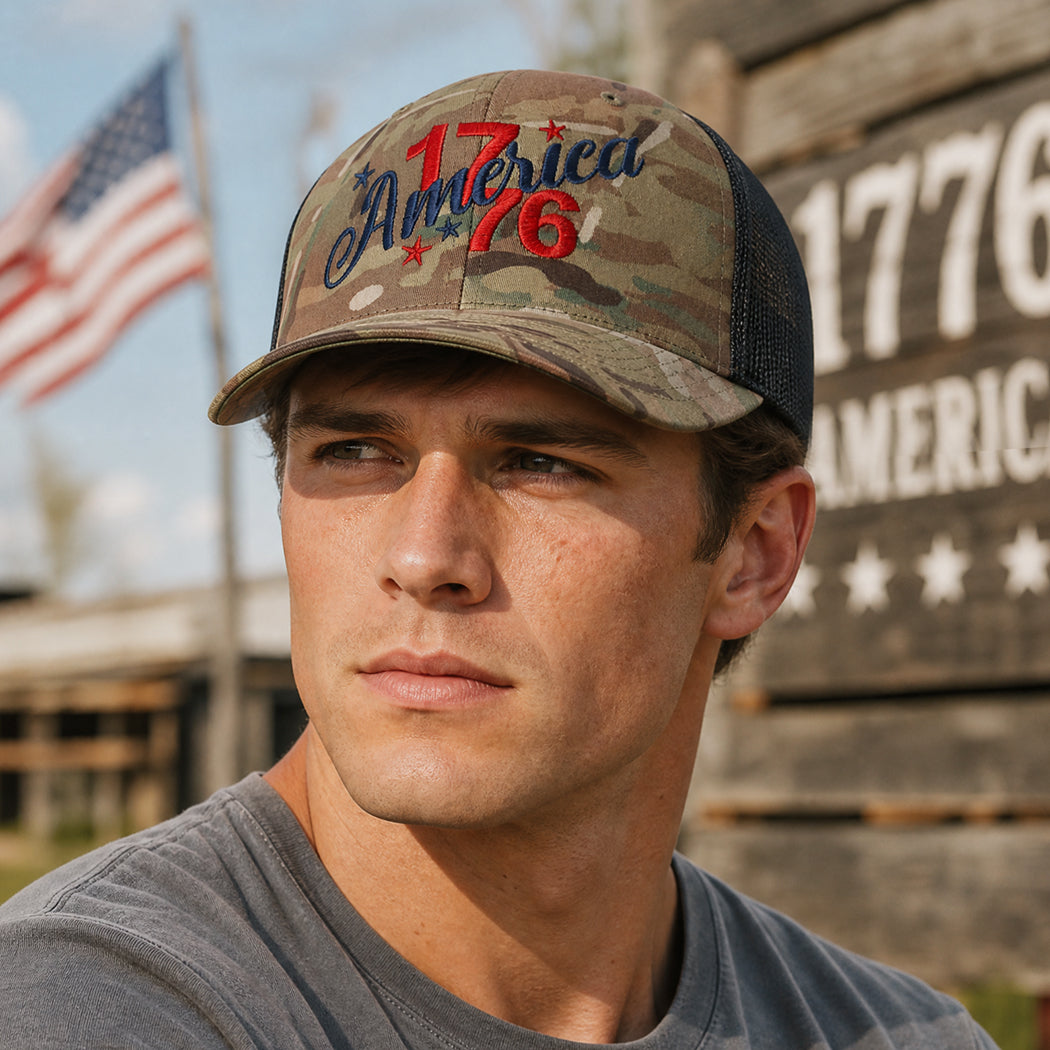 Flexfit YP America 1776 camo trucker hat, front view