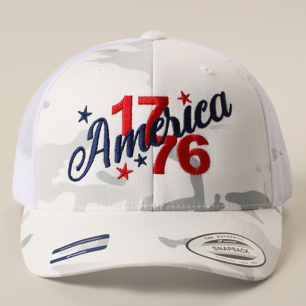 Flexfit YP America 1776 camo trucker hat in multicam alpine white