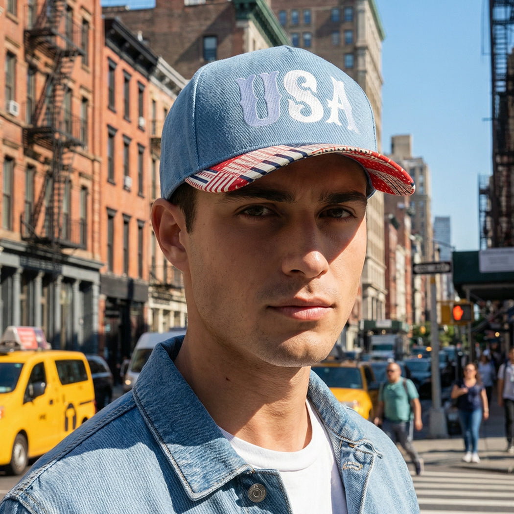 USA embroidered denim trucker hat, styled view