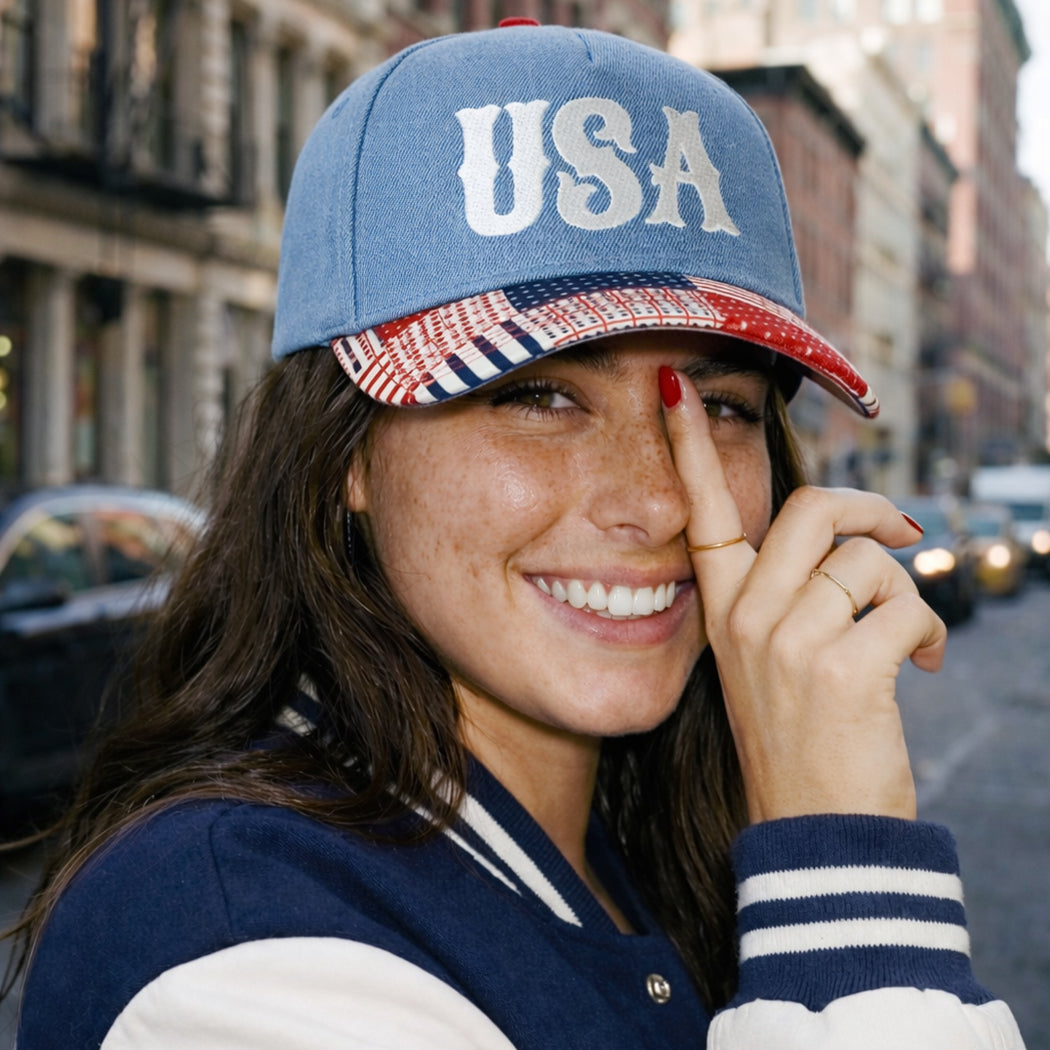USA embroidered denim trucker hat, front view