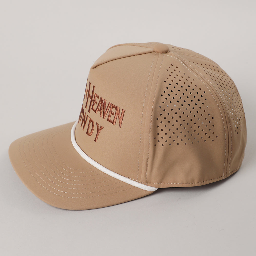 Make Heaven Rowdy rope strap trucker hat in sand detail view