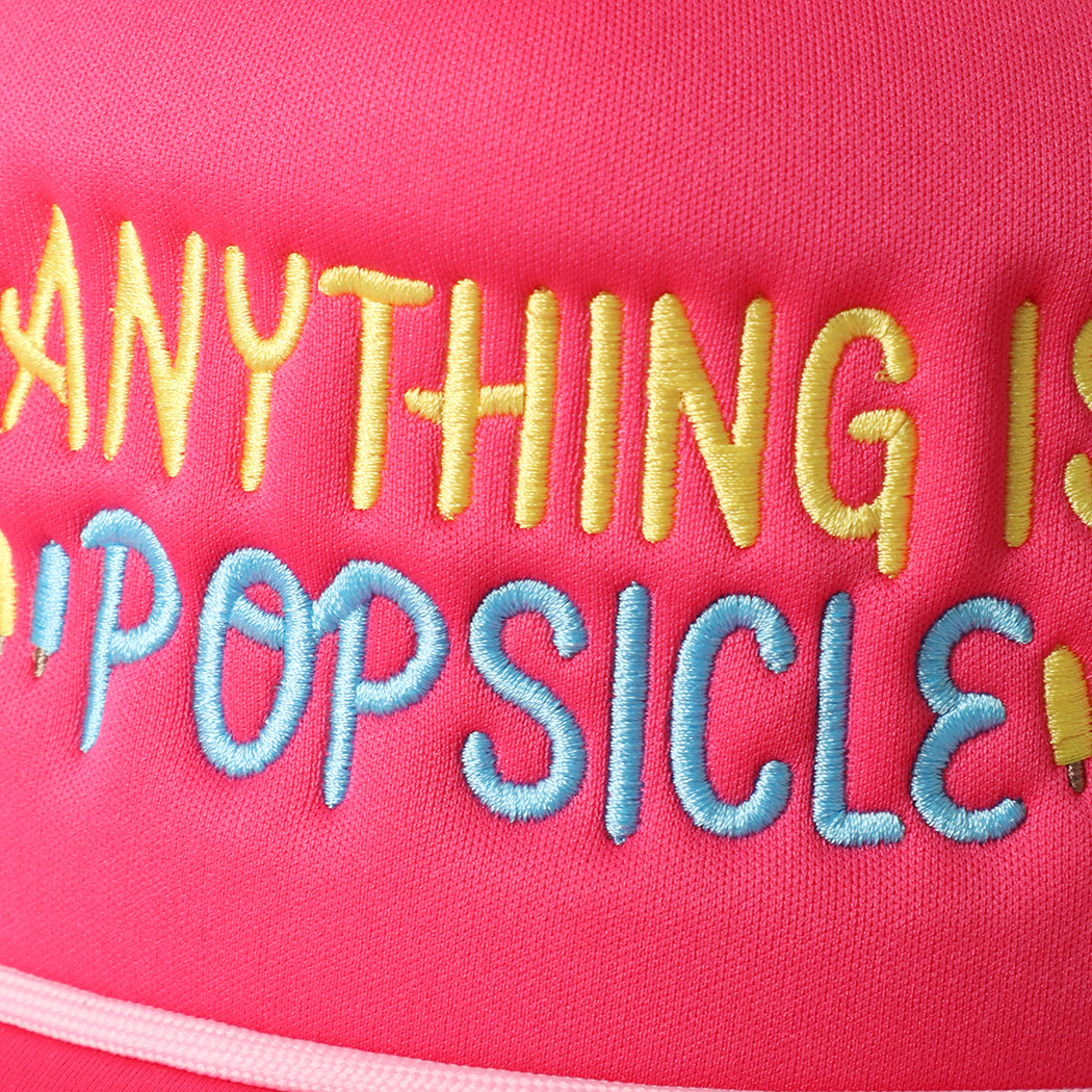 Anything Is Popsicle checker foam trucker hat in fuchsia, side view