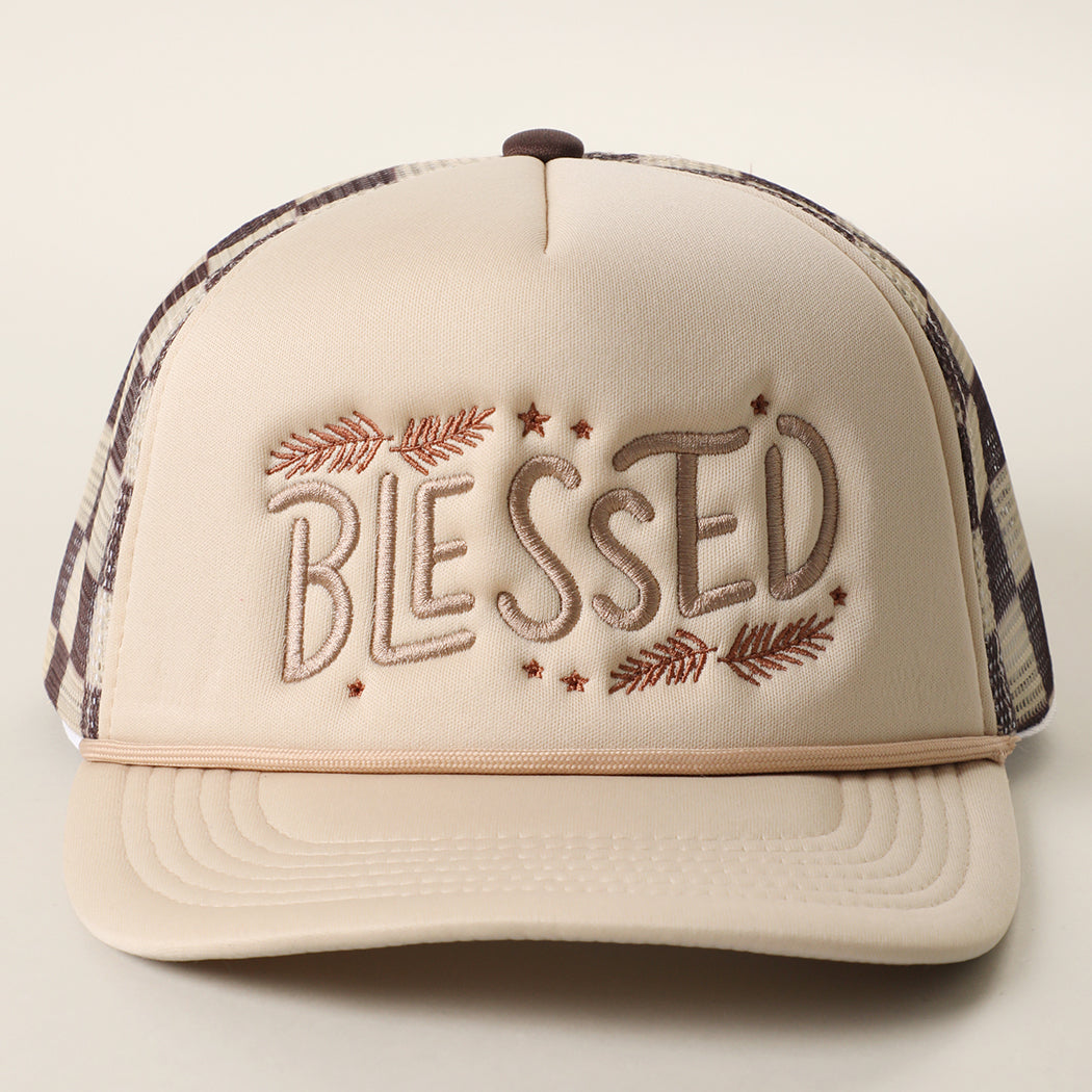 Blessed checker foam trucker hat in khaki