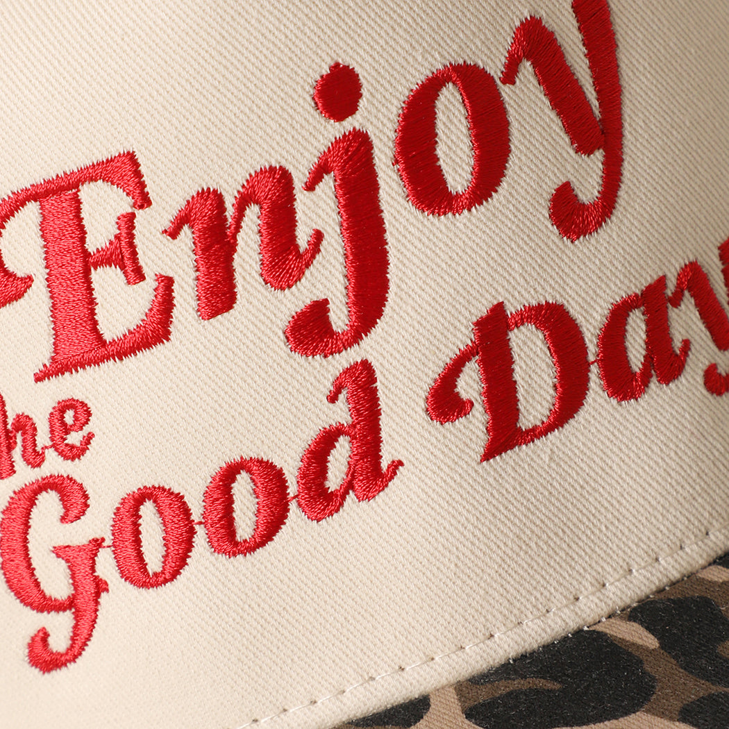 Enjoy The Good Days two-tone trucker hat in leopard print, side view