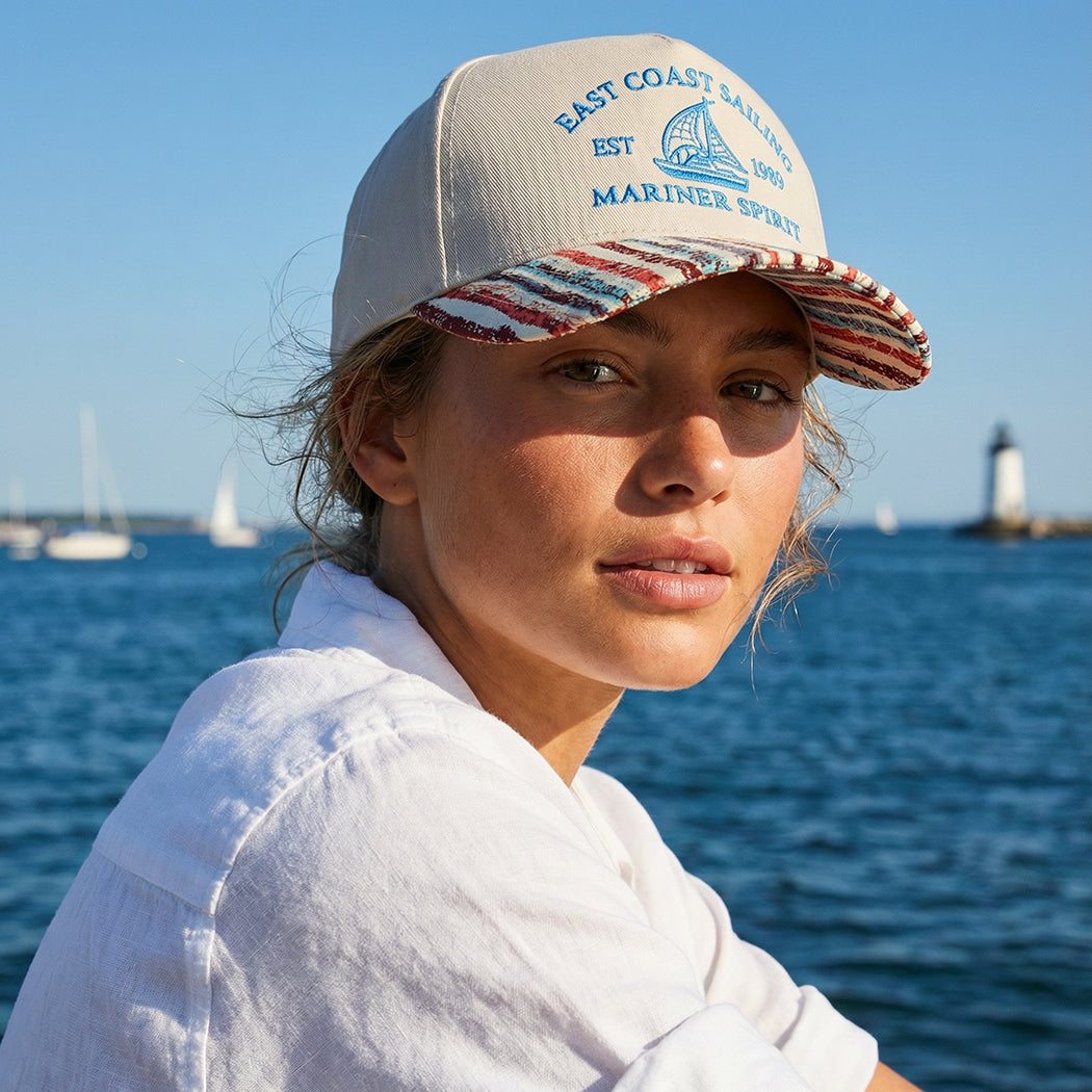 East Coast Sailing embroidered stripe brim trucker hat, front view