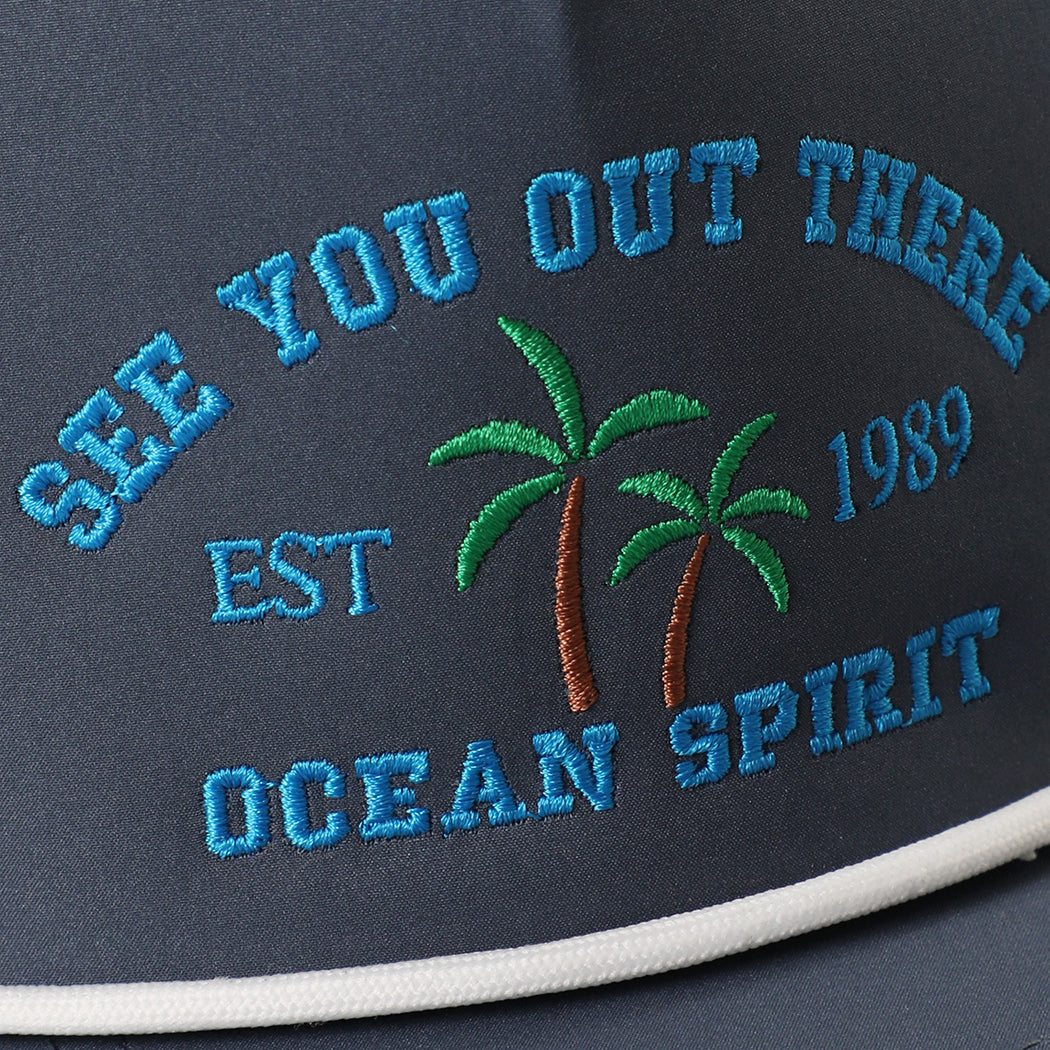 See You Out There Ocean Spirit rope trucker hat in navy and white, side view