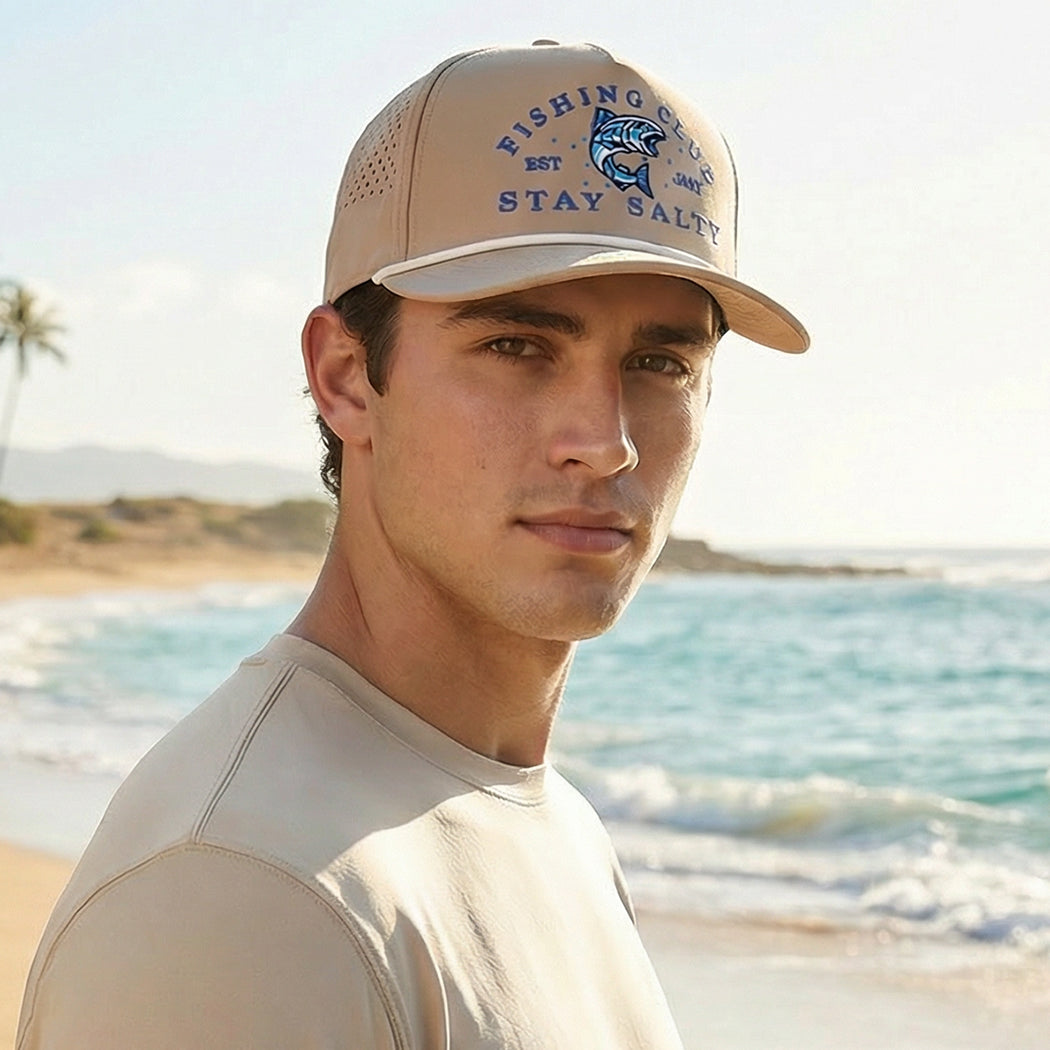 Fishing Club Stay Salty embroidered rope trucker hat, front view